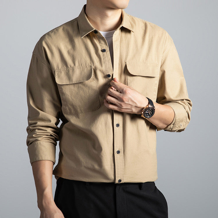 Men's Cotton Long-Sleeve Workwear Shirt – Japanese Vintage Style, Plus Size