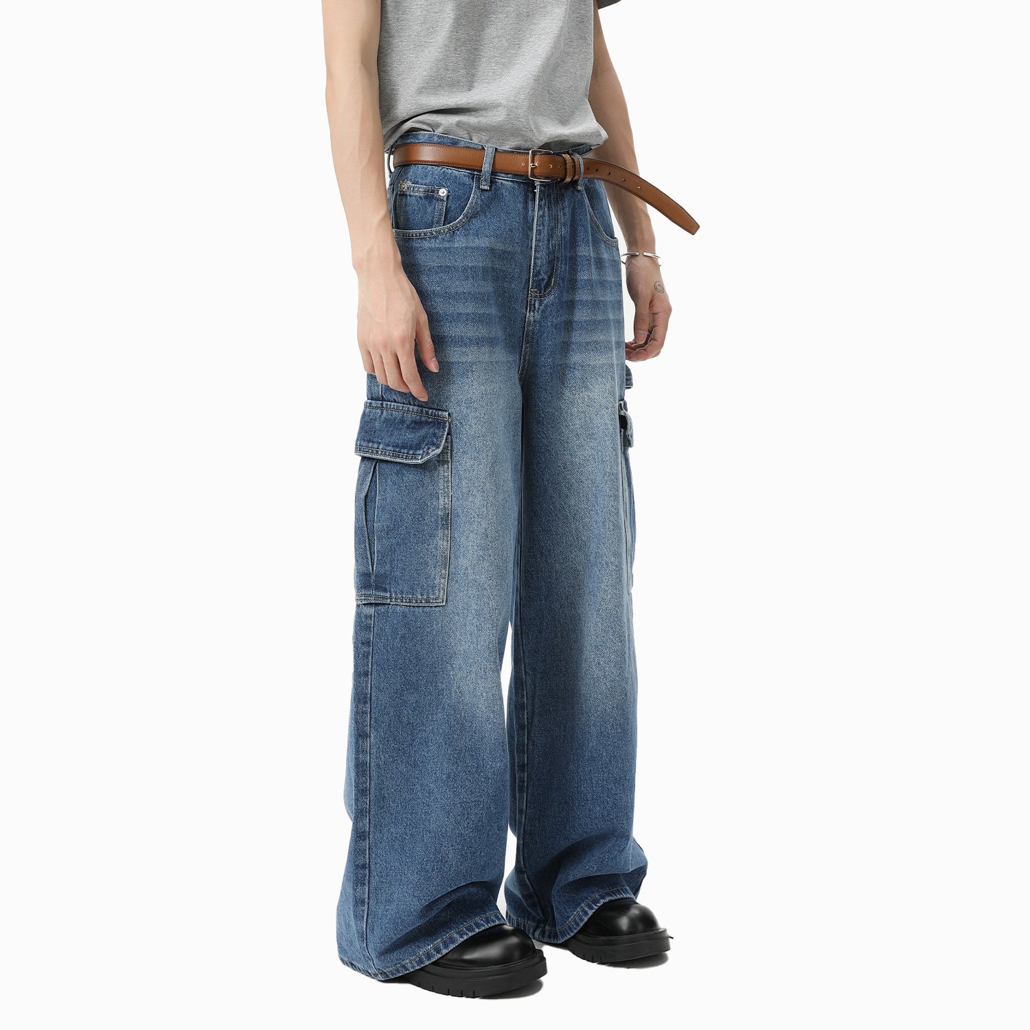 Bleached Wide-leg Multi-pocket Straight-leg Casual Pants