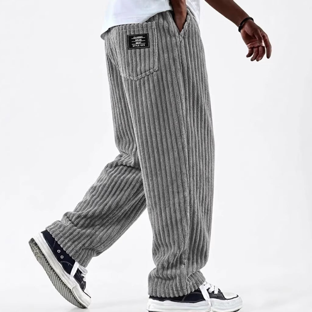 Men's Corduroy Straight-Leg Trousers – Elastic Waist, Drawstring, 11 Colours