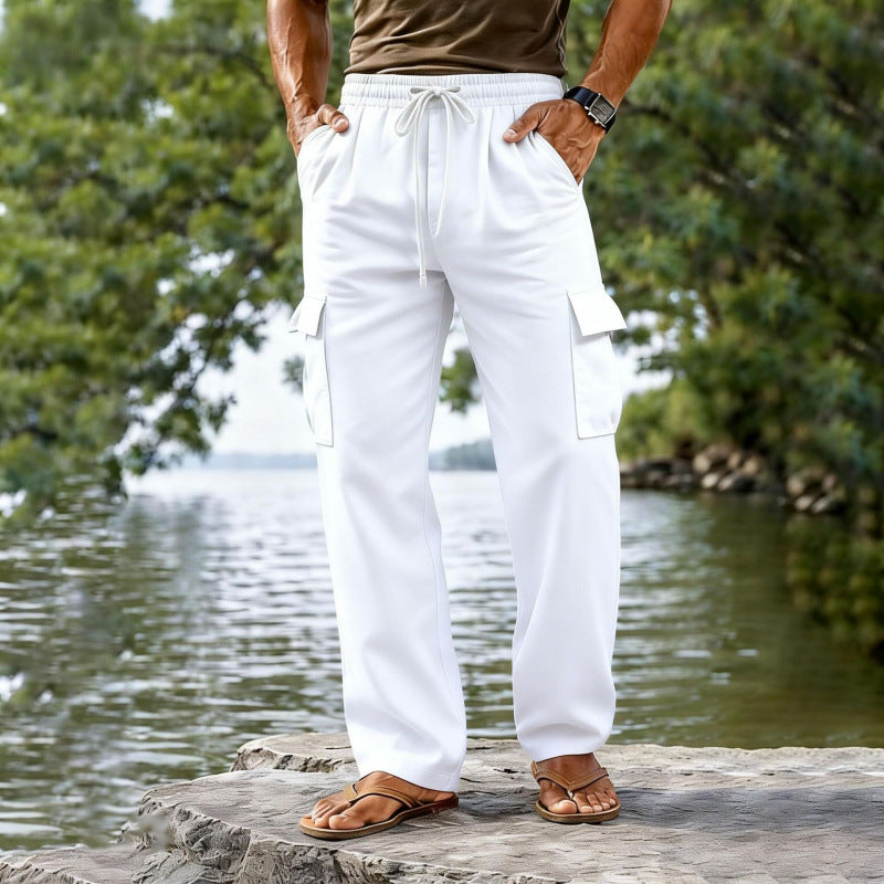 Drawstring Elastic Waist Straight-leg Solid-color Casual Mid-length Pants