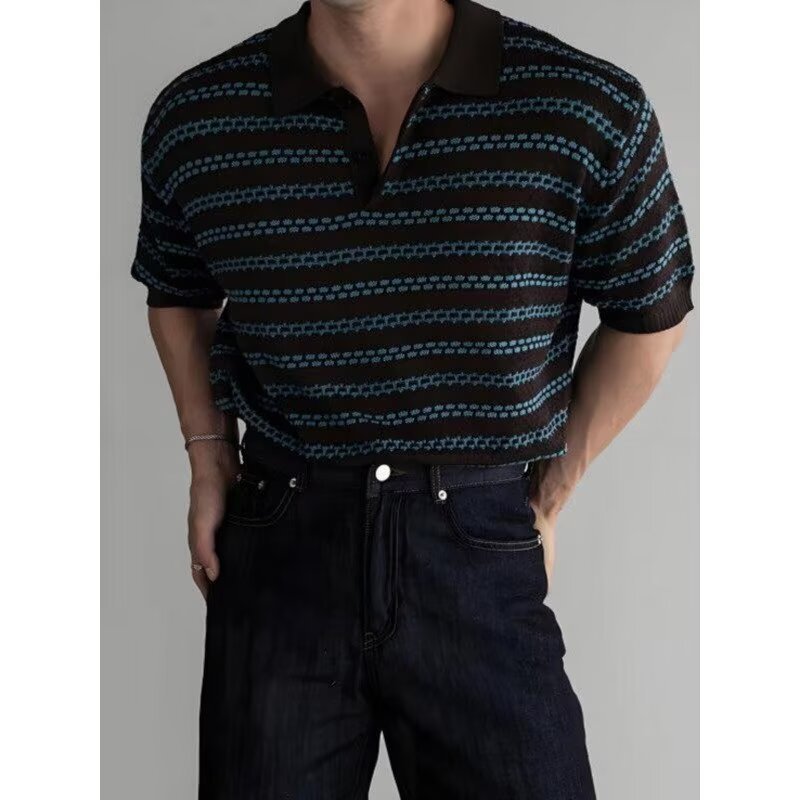 Striped Short-Sleeve Knitted Casual Shirt