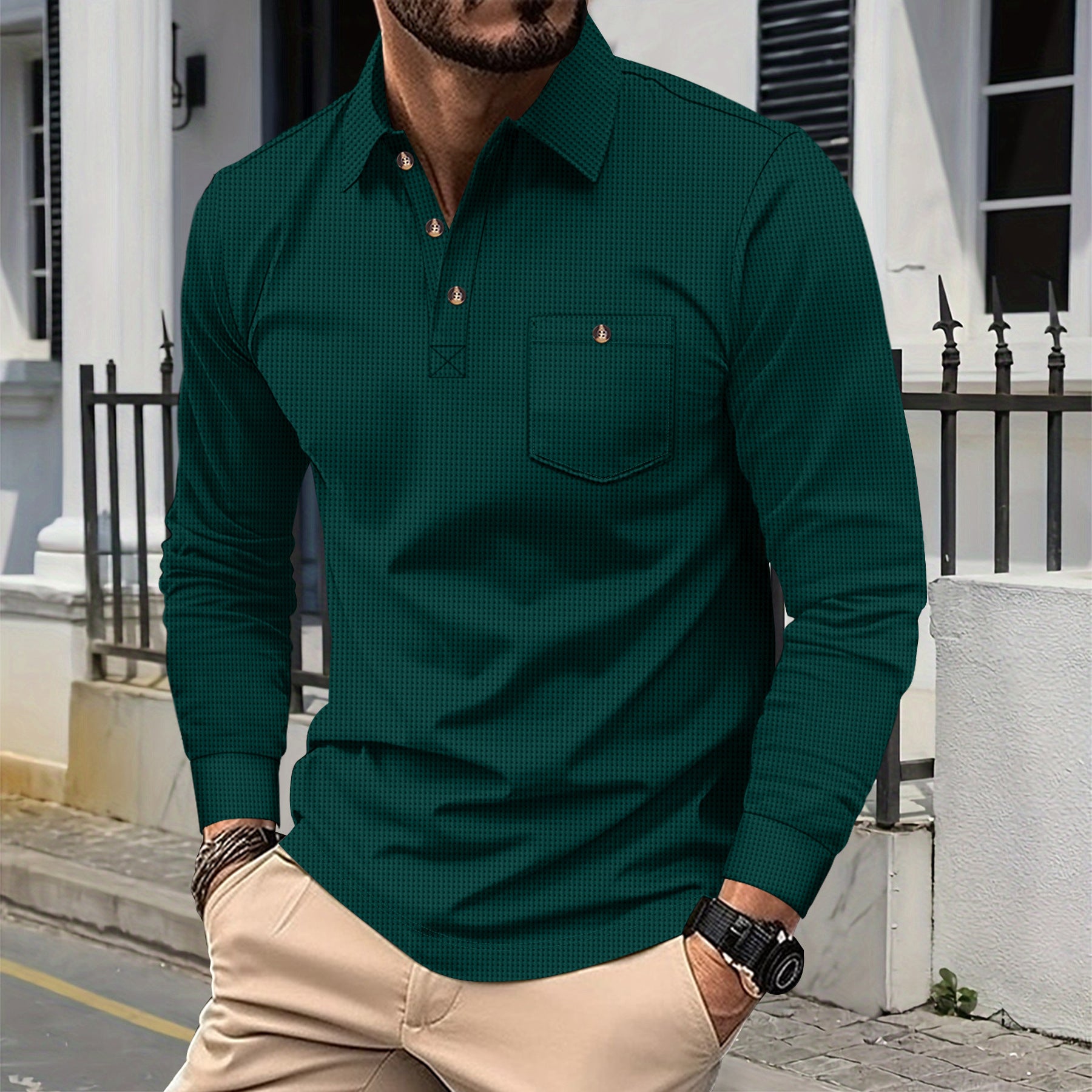 Solid-color Waffle-knit Lapel-pocket Button-down Casual Long-sleeve Shirt