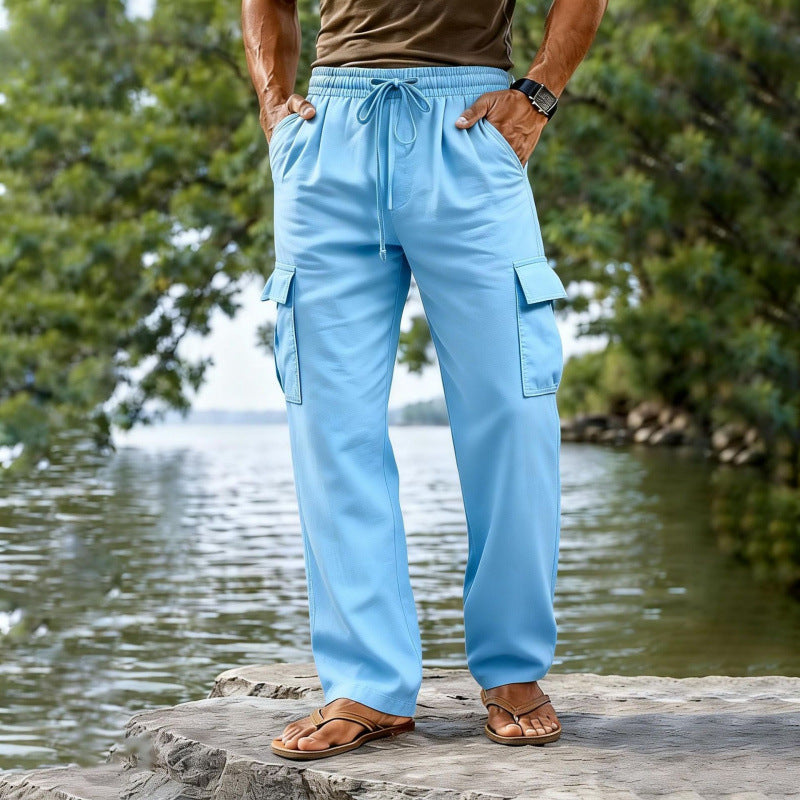 Drawstring Elastic Waist Straight-leg Solid-color Casual Mid-length Pants