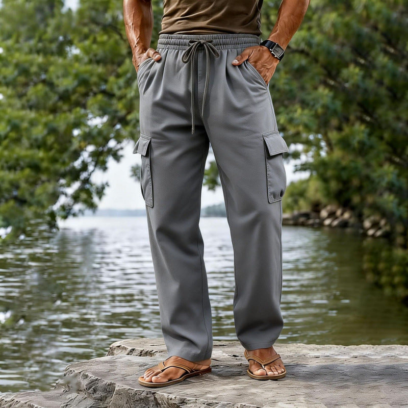 Drawstring Elastic Waist Straight-leg Solid-color Casual Mid-length Pants
