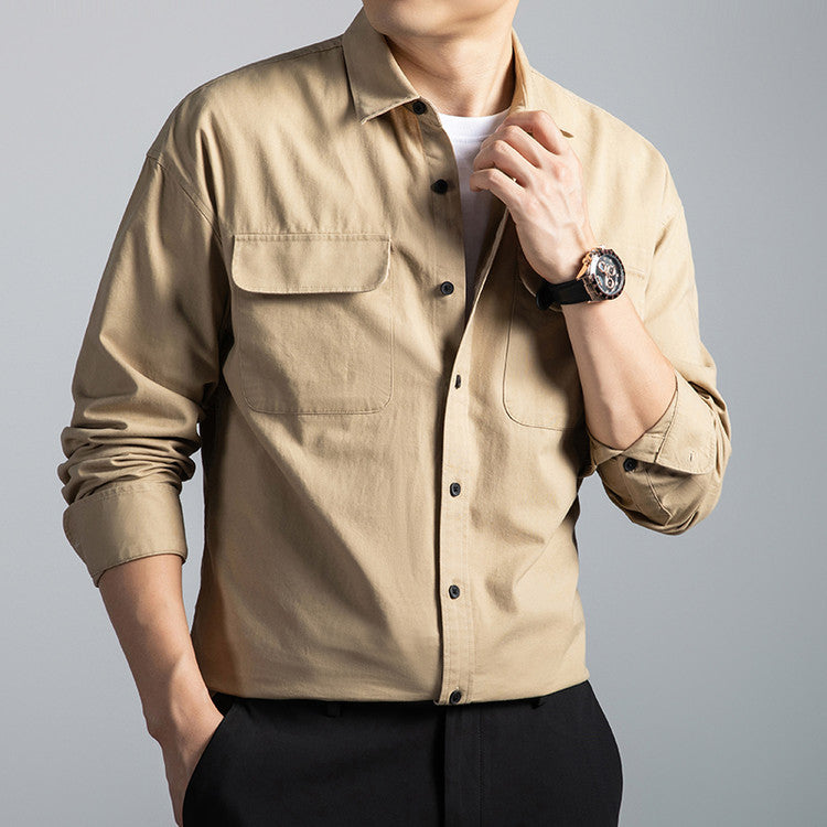 Men's Cotton Long-Sleeve Workwear Shirt – Japanese Vintage Style, Plus Size