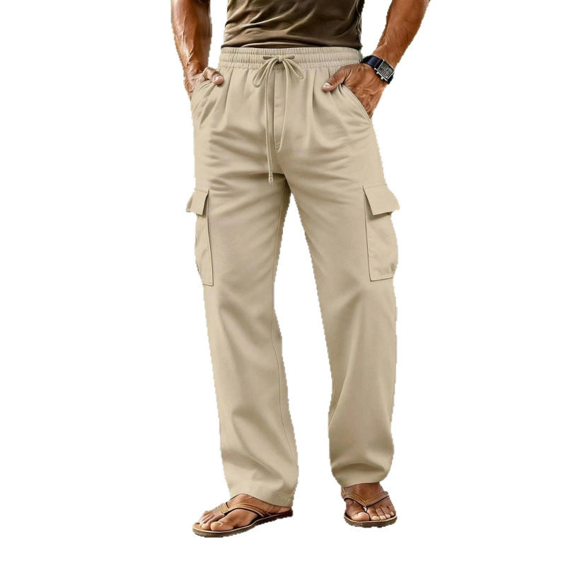 Drawstring Elastic Waist Straight-leg Solid-color Casual Mid-length Pants