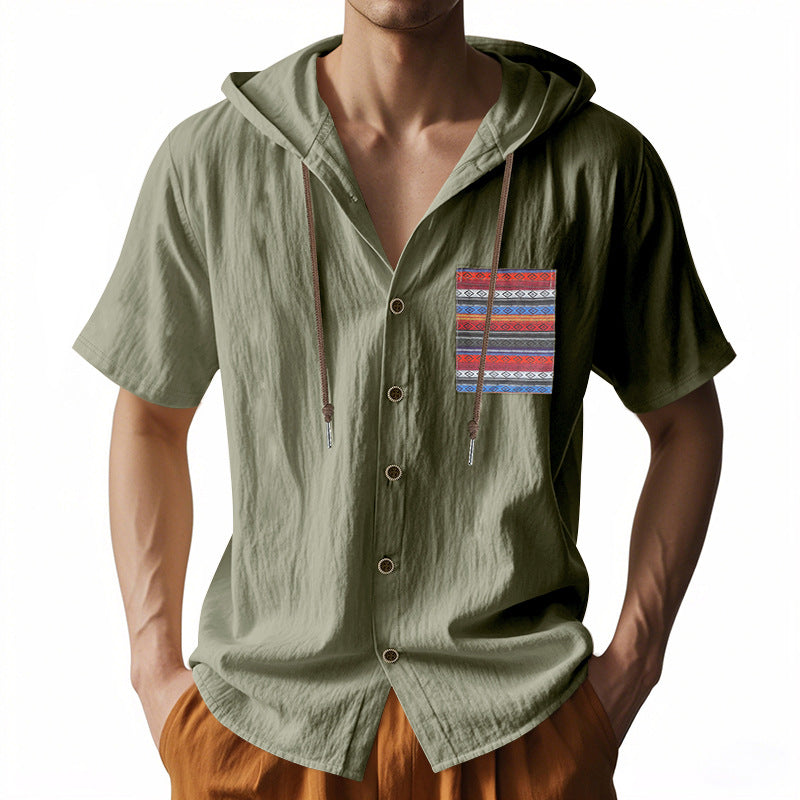 Linen Short-sleeve Lightweight Loose-fitting Hooded T-shirt