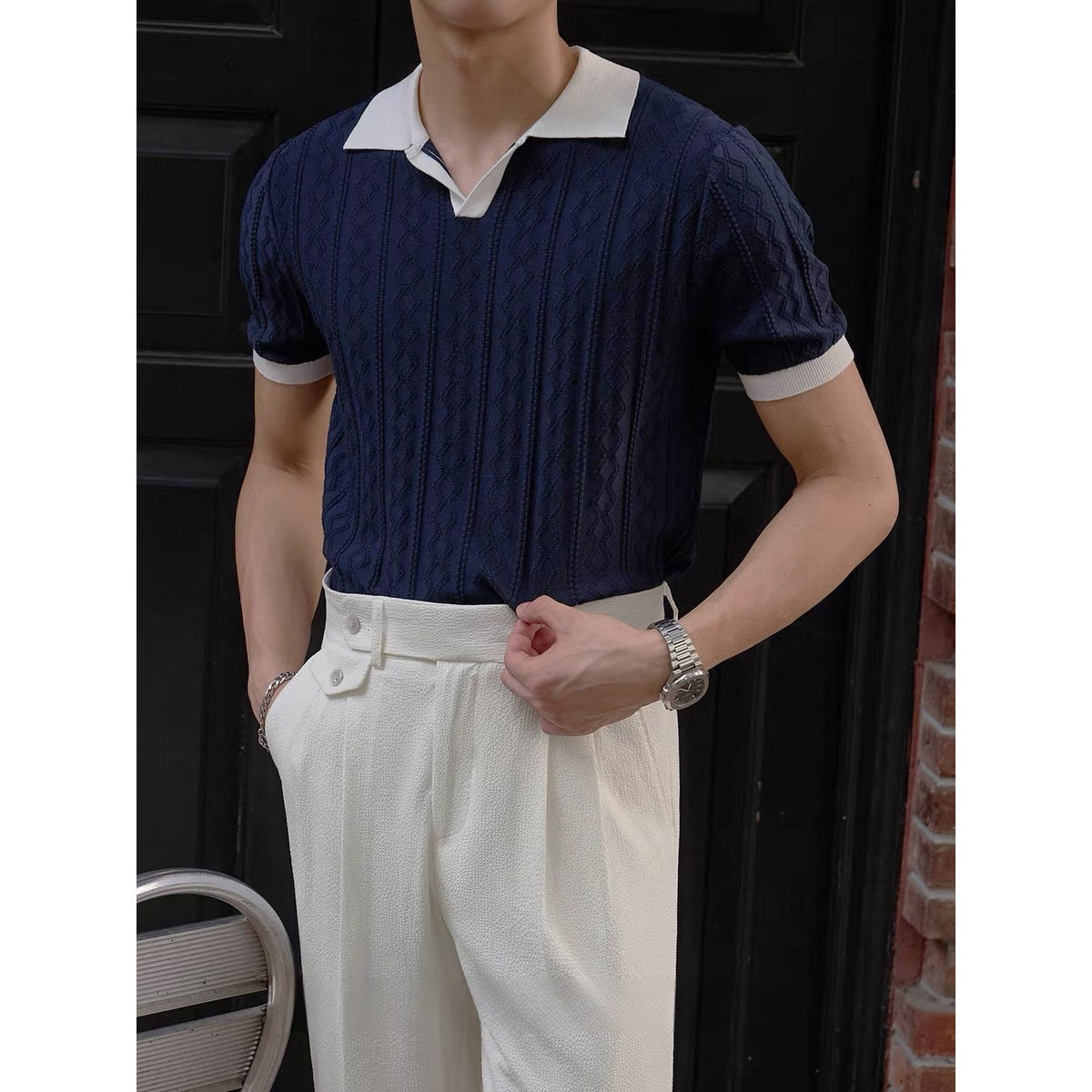Short-Sleeve Knitted Shirt Color-Block Polo Shirt With Lapel Collar