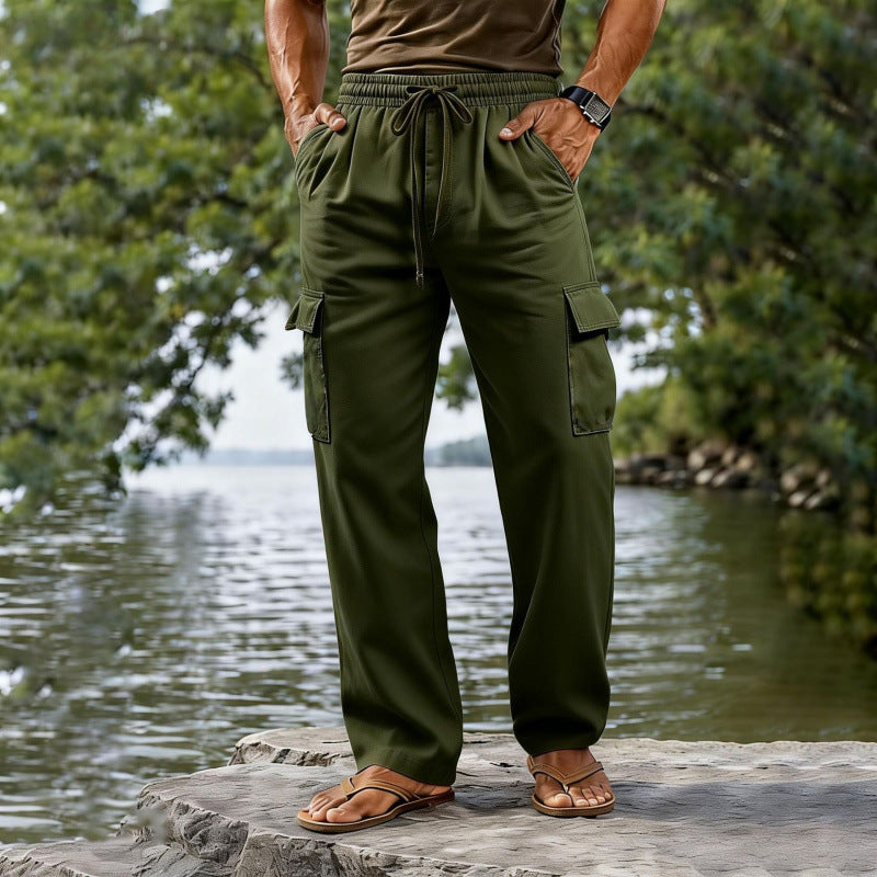 Drawstring Elastic Waist Straight-leg Solid-color Casual Mid-length Pants