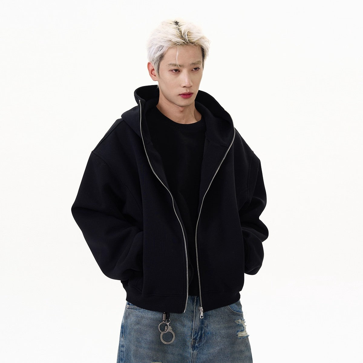Solid-color Cardigan Hooded Sweatshirt