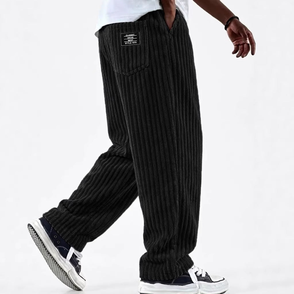 Men's Corduroy Straight-Leg Trousers – Elastic Waist, Drawstring, 11 Colours