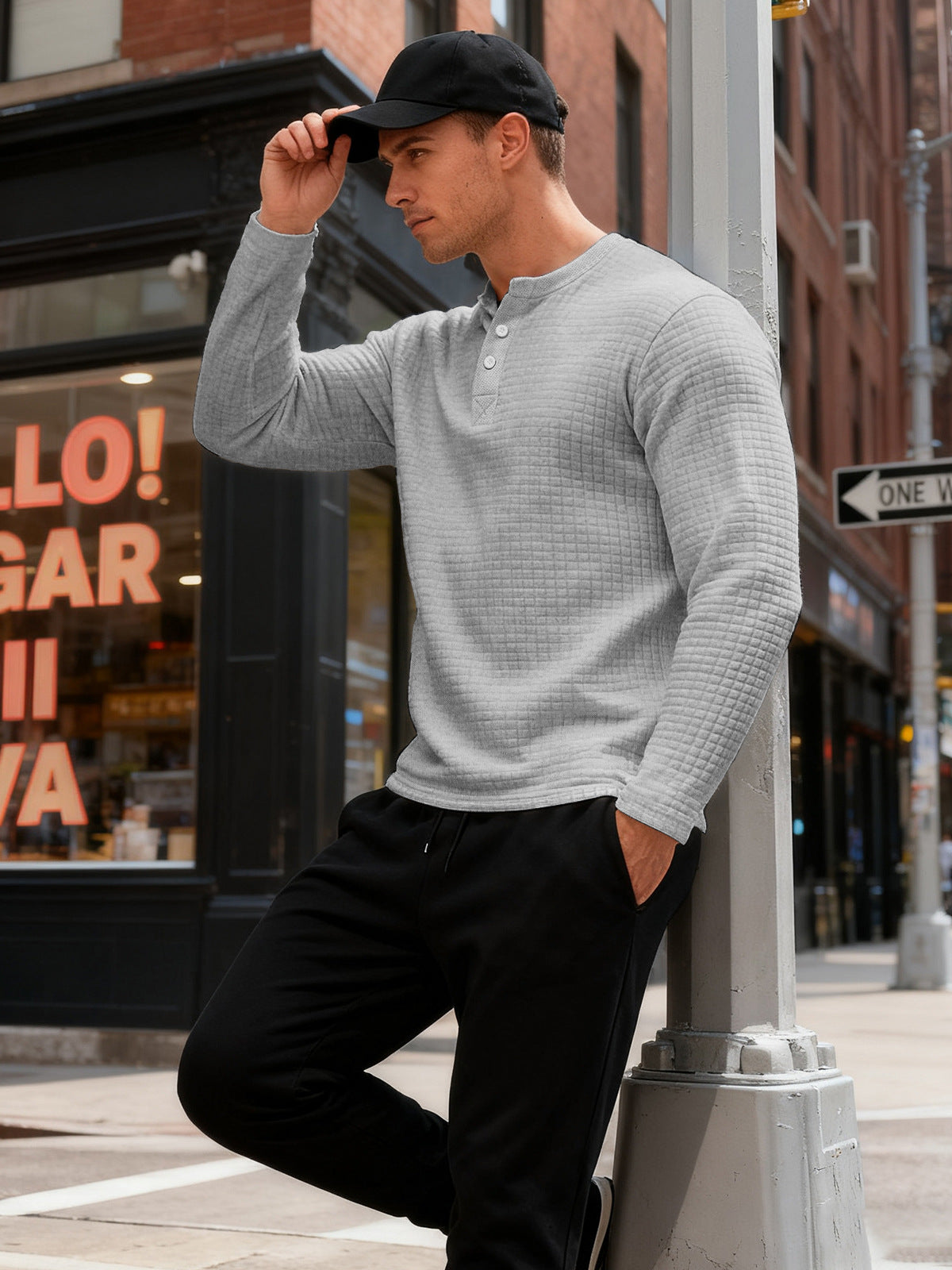 Mens Long-Sleeve Sweatshirt With Jacquard Small Plaid Pattern