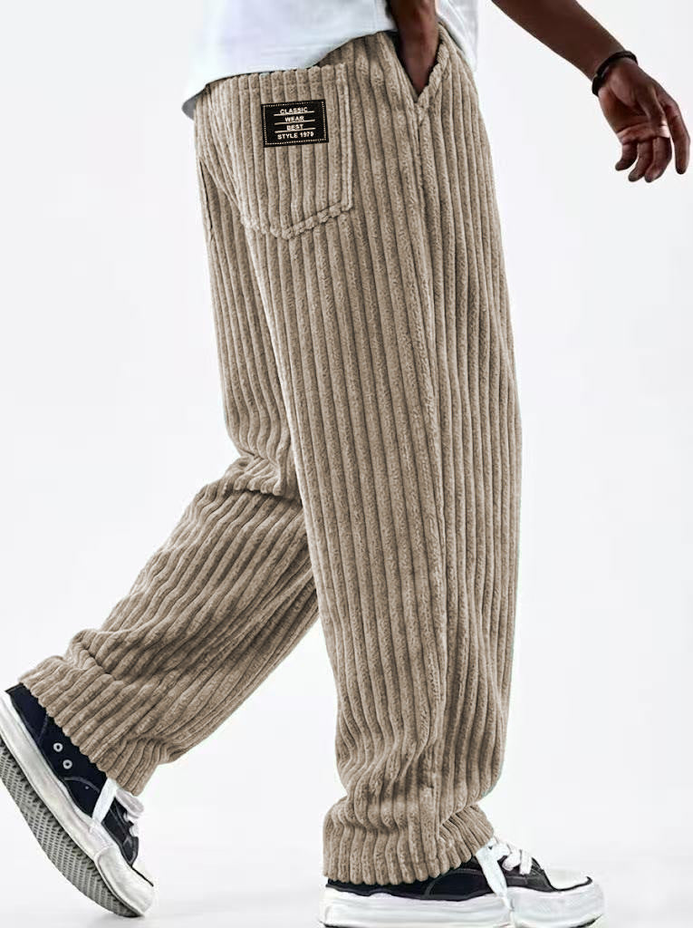 Men's Corduroy Straight-Leg Trousers – Elastic Waist, Drawstring, 11 Colours