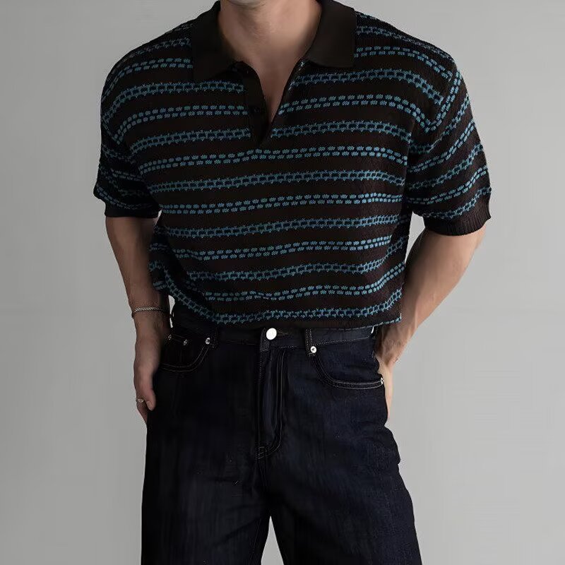 Striped Short-Sleeve Knitted Casual Shirt