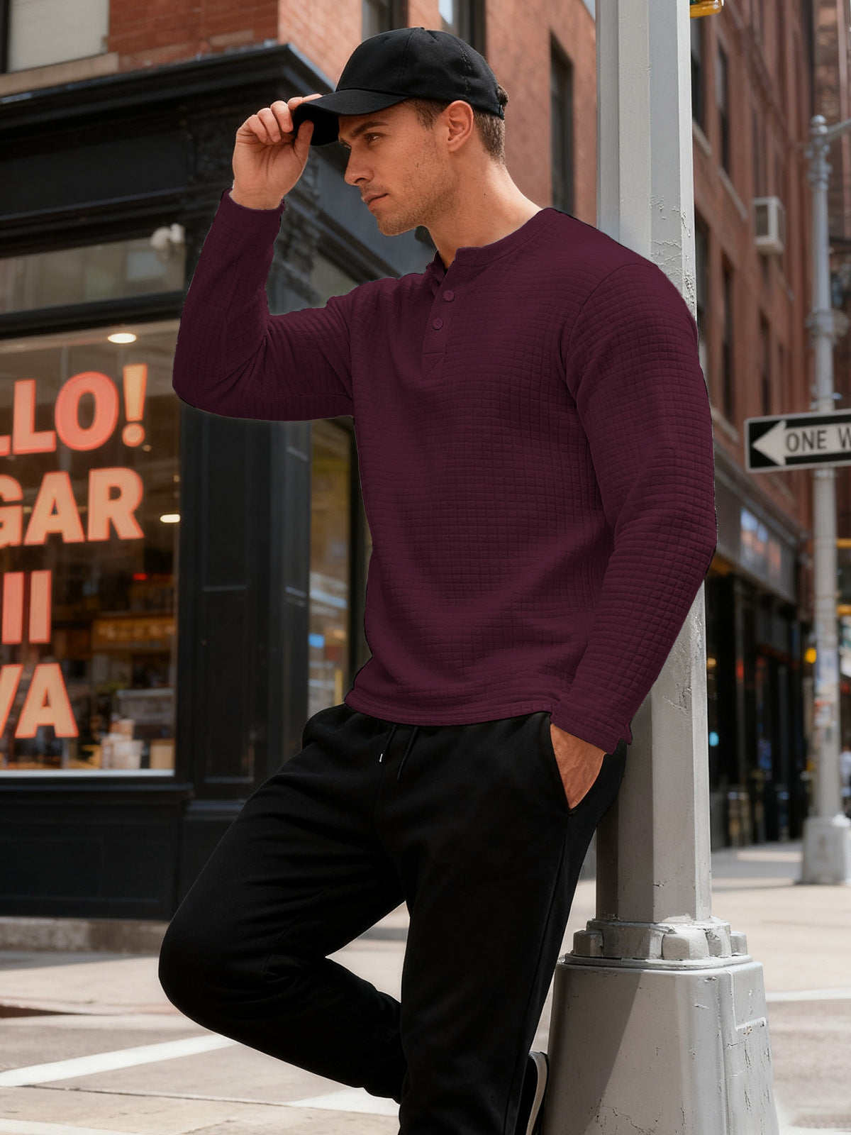 Mens Long-Sleeve Sweatshirt With Jacquard Small Plaid Pattern
