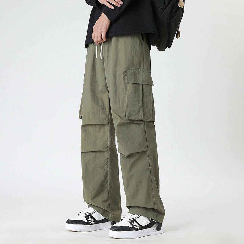 Ice Silk Trousers Multi-Pocket Loose Straight-Cut Casual Sports Pants