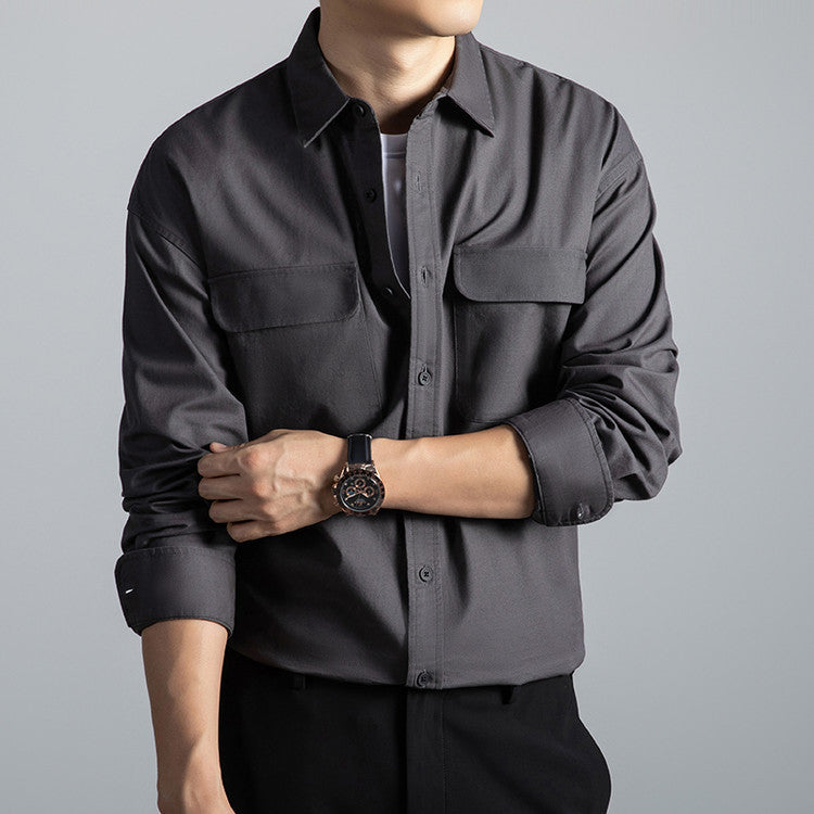 Men's Cotton Long-Sleeve Workwear Shirt – Japanese Vintage Style, Plus Size