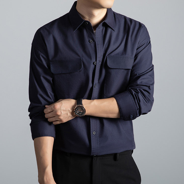 Men's Cotton Long-Sleeve Workwear Shirt – Japanese Vintage Style, Plus Size