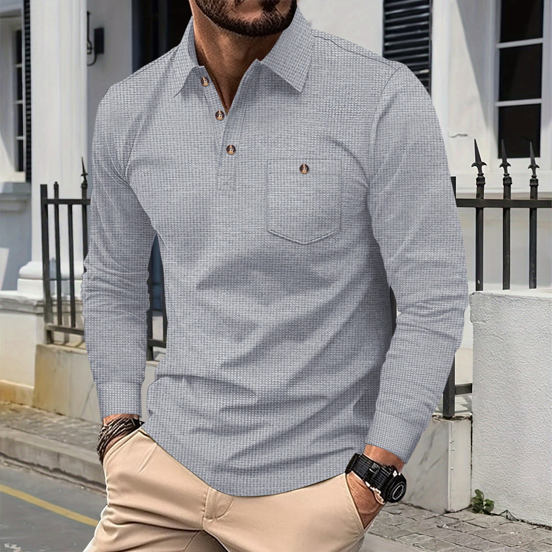 Solid-color Waffle-knit Lapel-pocket Button-down Casual Long-sleeve Shirt