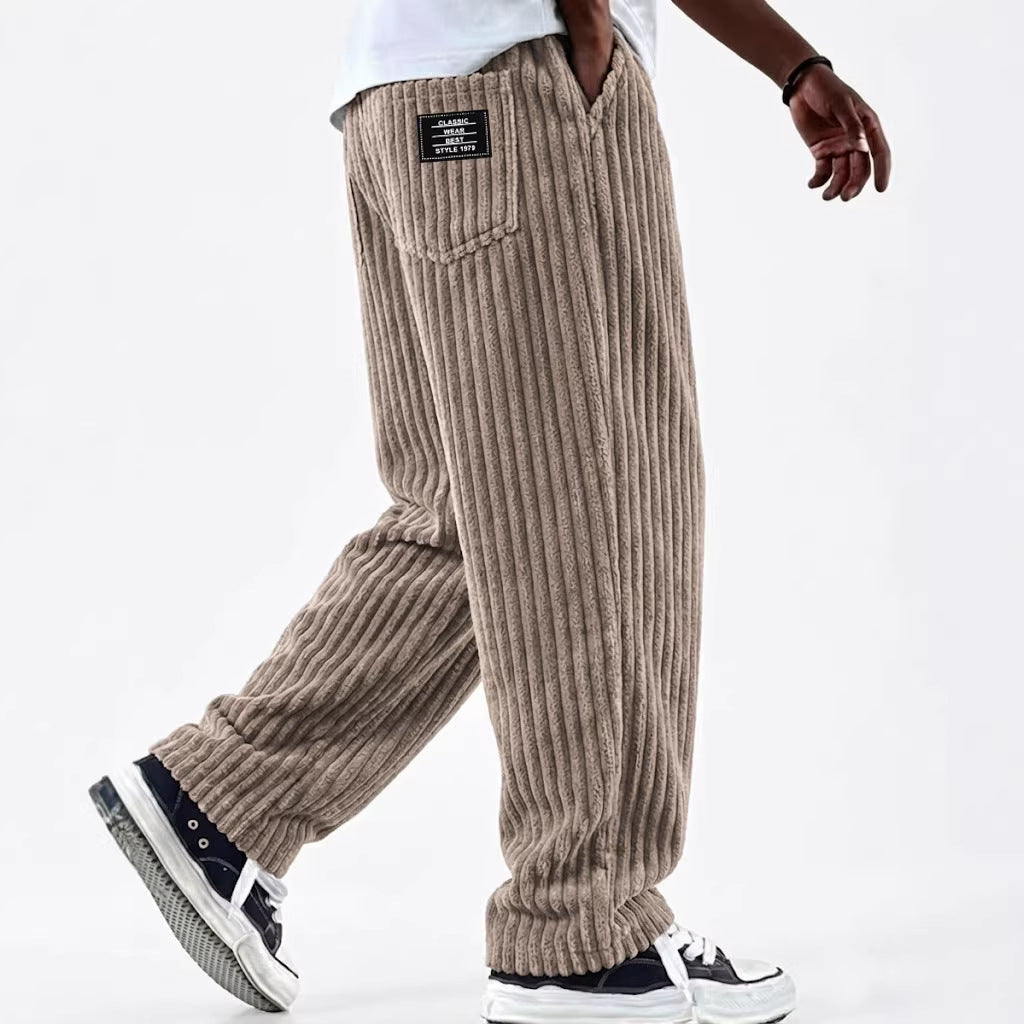 Men's Corduroy Straight-Leg Trousers – Elastic Waist, Drawstring, 11 Colours