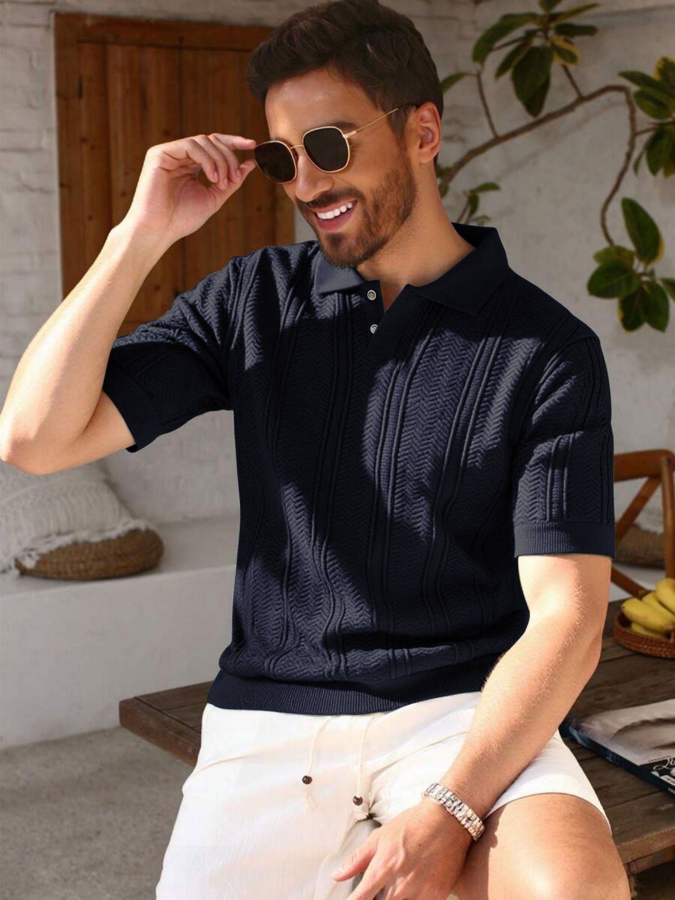 Textured Rib-Knit Polo Shirt