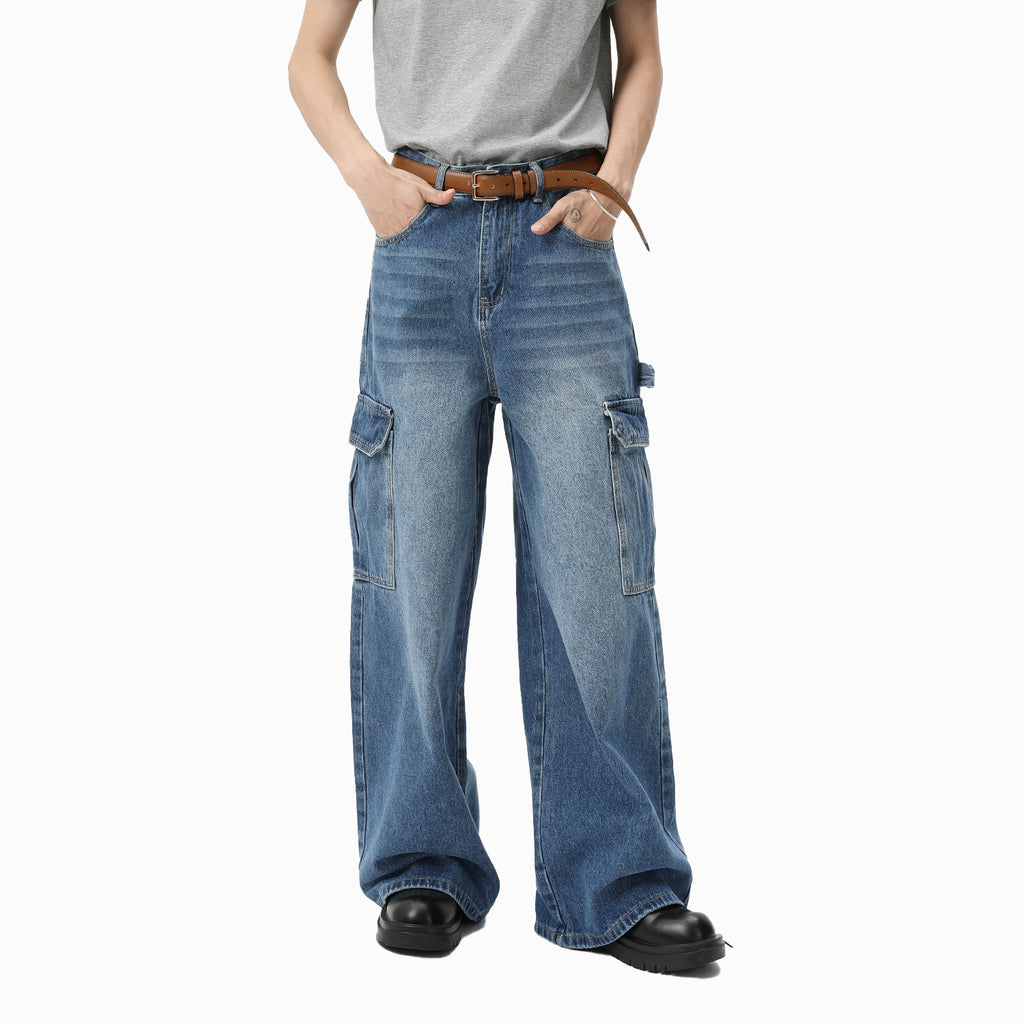 Bleached Wide-leg Multi-pocket Straight-leg Casual Pants