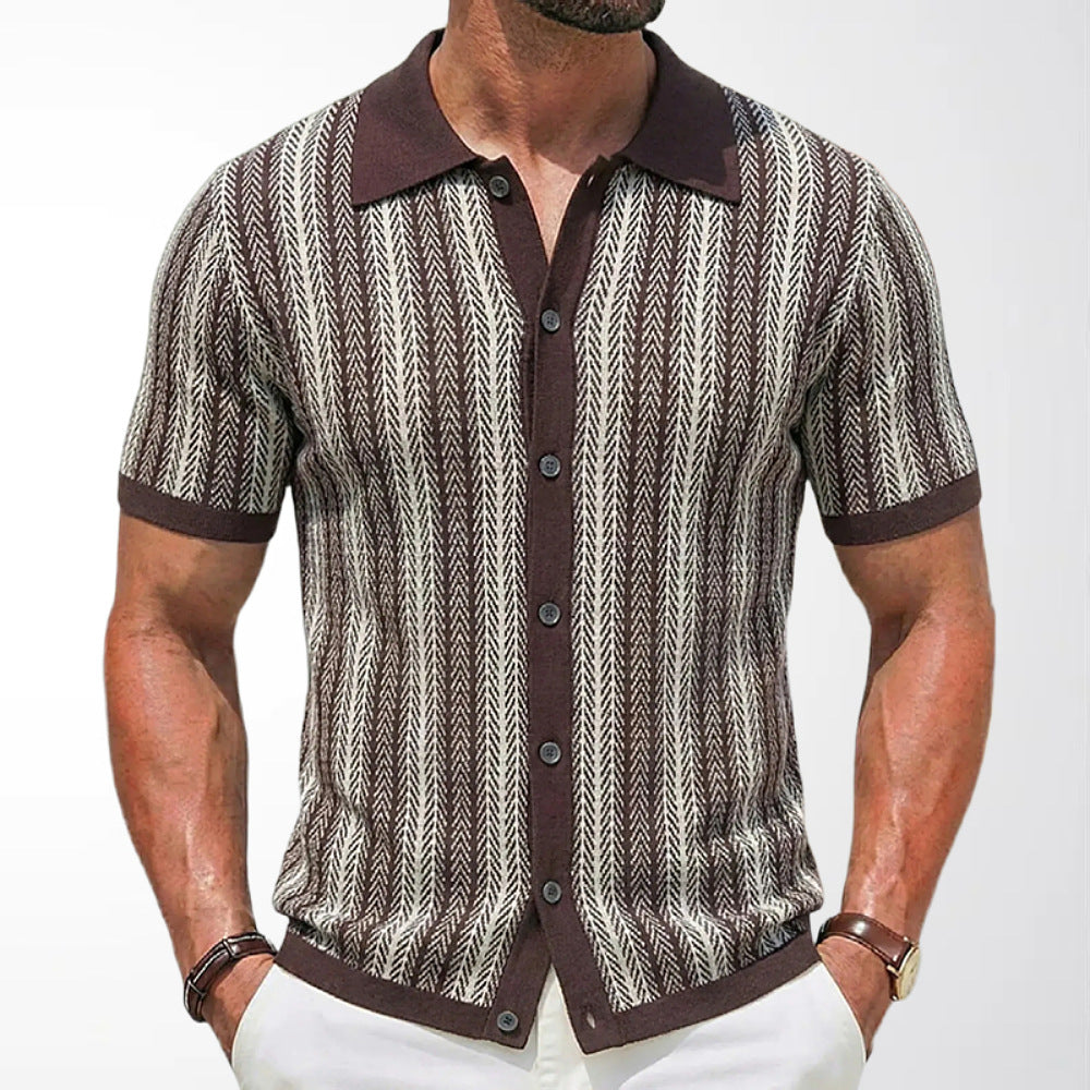 Short-Sleeve Striped Knitted Cardigan Jacquard Polo Shirt