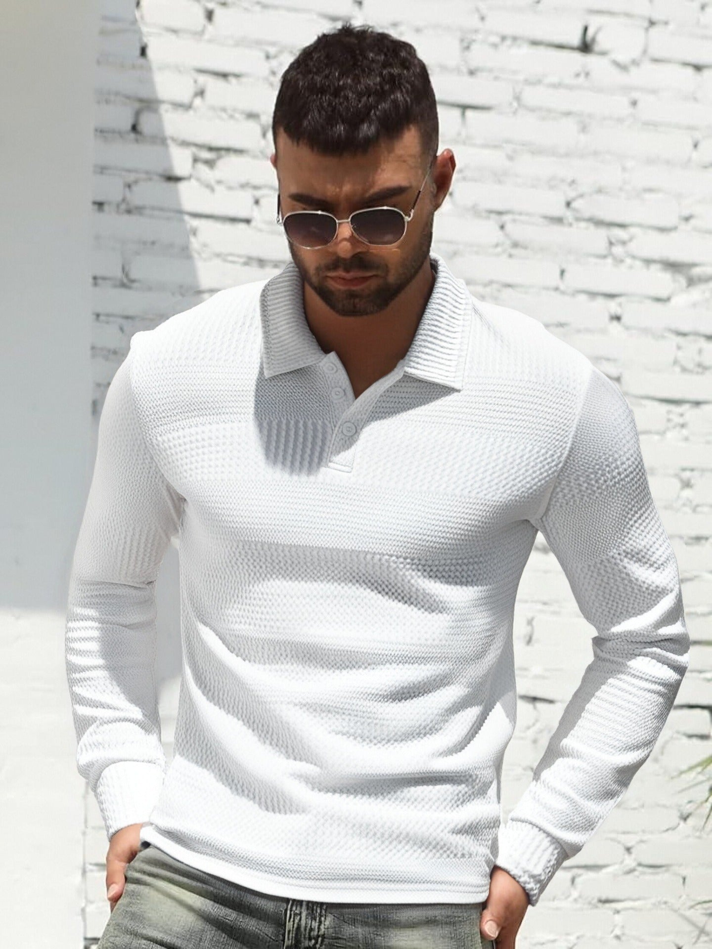 Long-sleeve Buttoned Textured Lapel Top