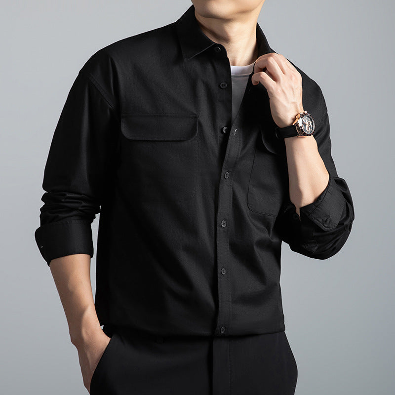 Men's Cotton Long-Sleeve Workwear Shirt – Japanese Vintage Style, Plus Size