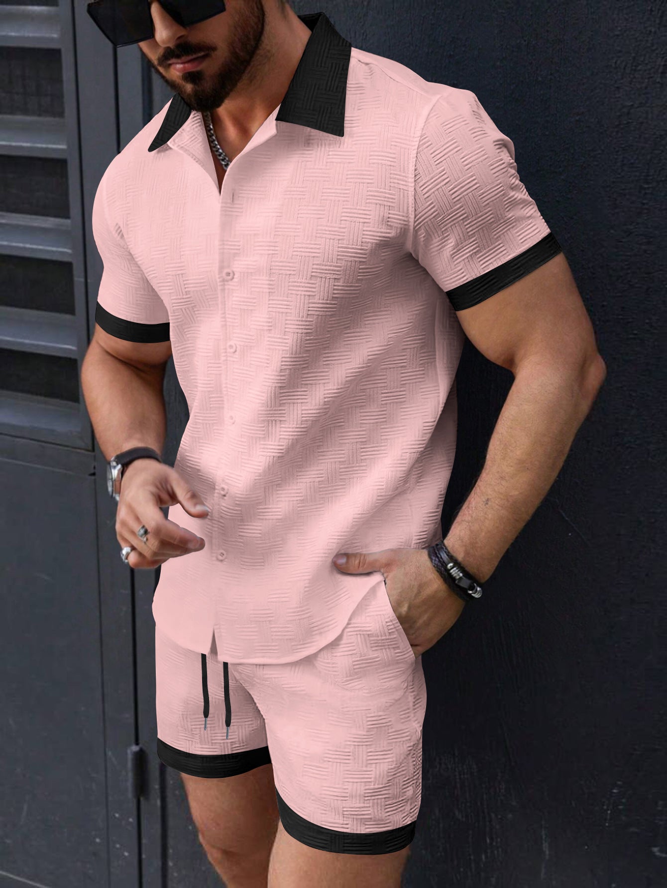 Casual Color-Block Shirt & Shorts Set