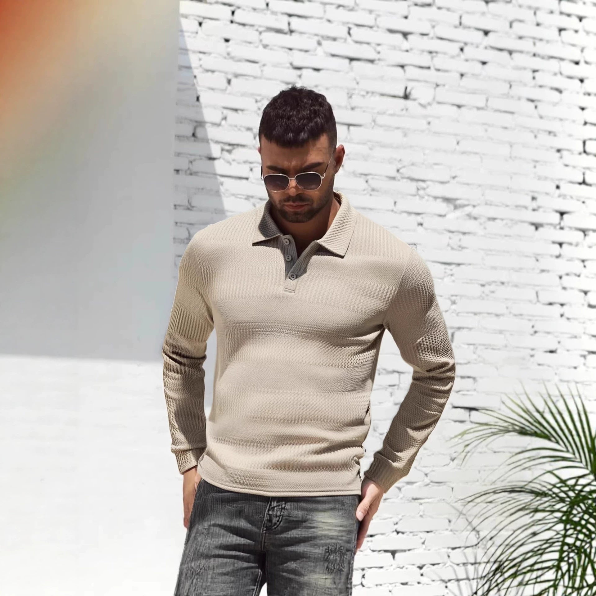 Long-sleeve Buttoned Textured Lapel Top