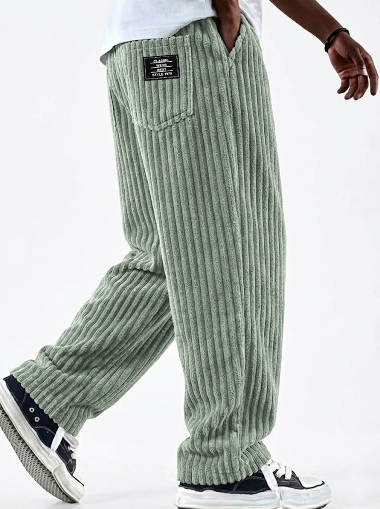 Men's Corduroy Straight-Leg Trousers – Elastic Waist, Drawstring, 11 Colours