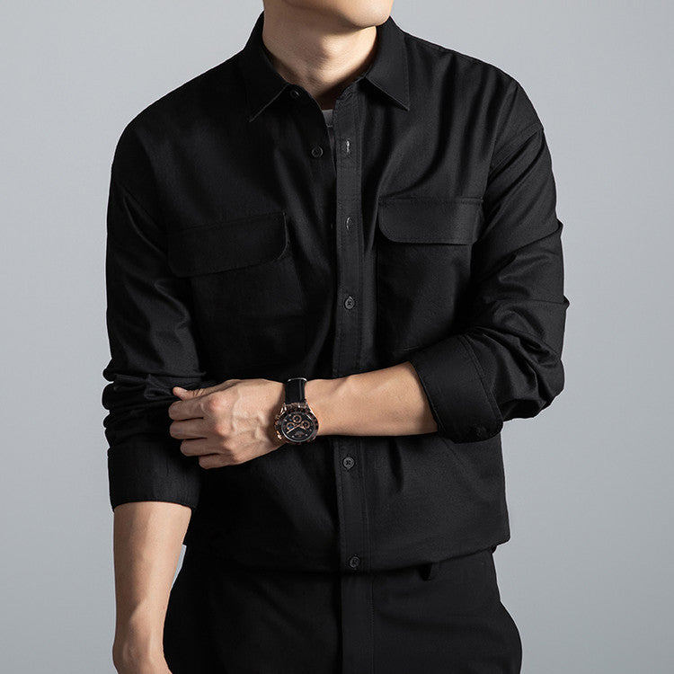 Men's Cotton Long-Sleeve Workwear Shirt – Japanese Vintage Style, Plus Size