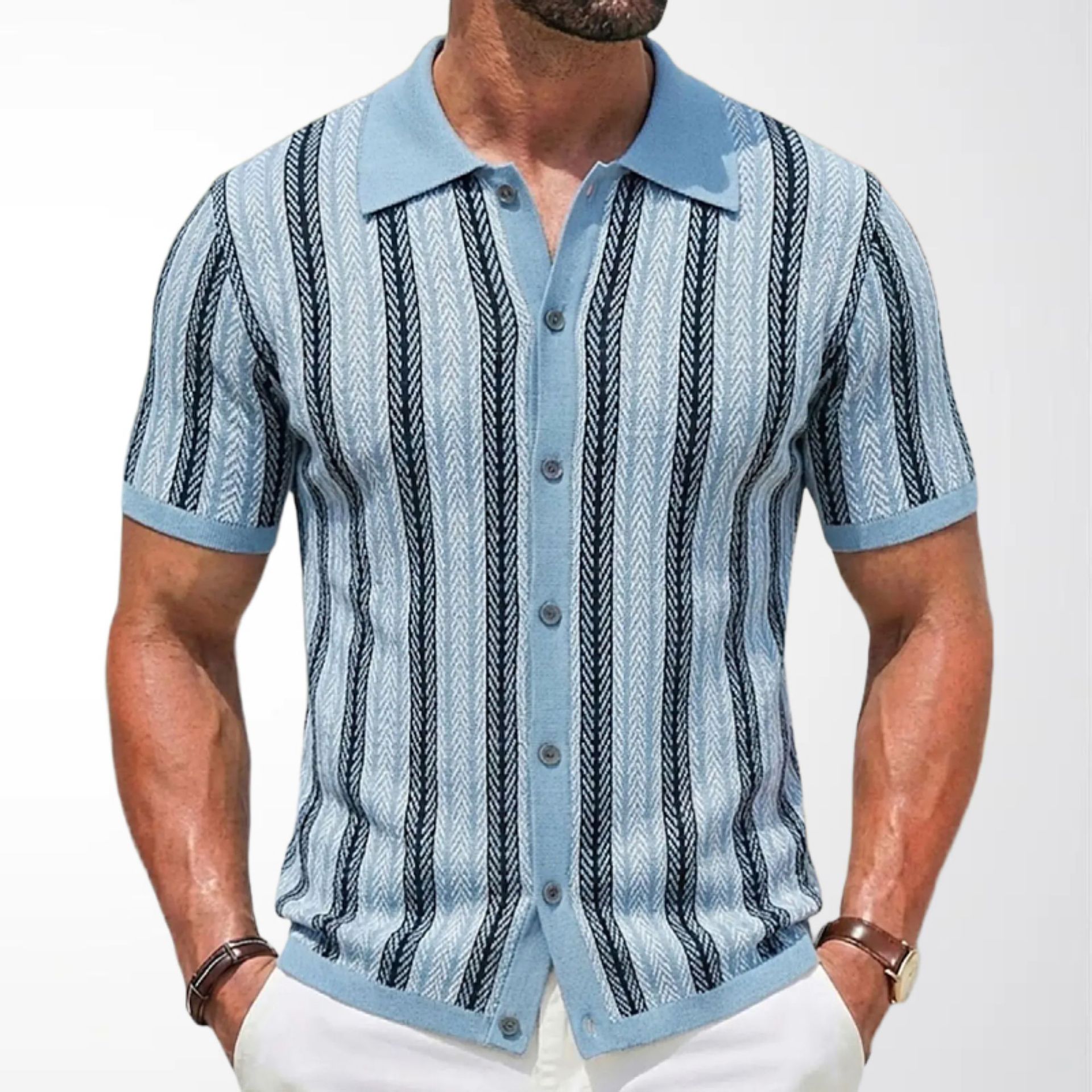 Short-Sleeve Striped Knitted Cardigan Jacquard Polo Shirt