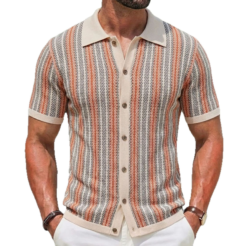 Short-Sleeve Striped Knitted Cardigan Jacquard Polo Shirt