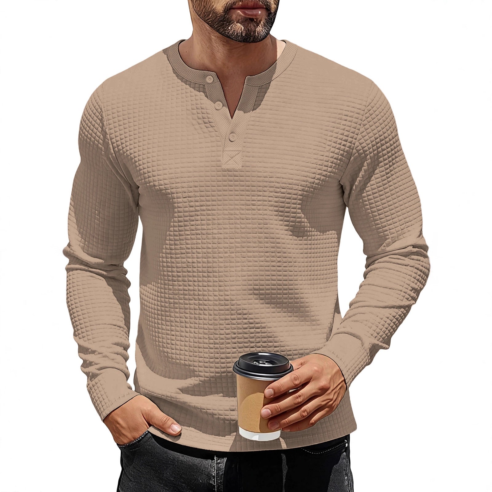 Mens Long-Sleeve Sweatshirt With Jacquard Small Plaid Pattern