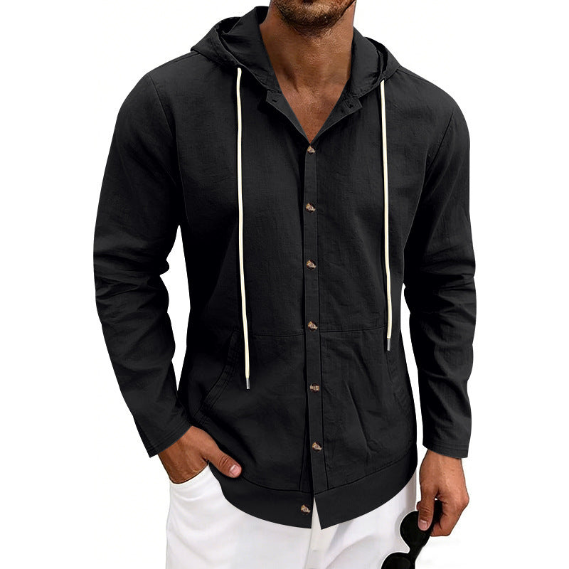 Loose-fit Linen Casual Hooded Long-Sleeve Shirt