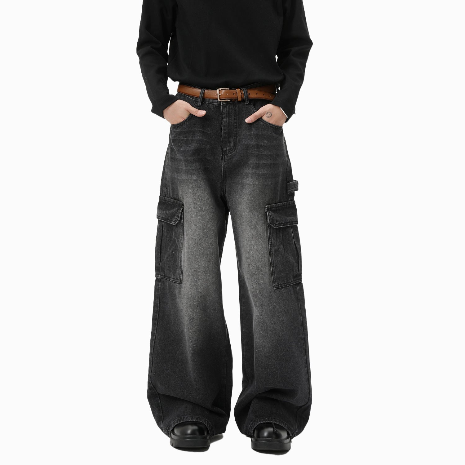 Bleached Wide-leg Multi-pocket Straight-leg Casual Pants