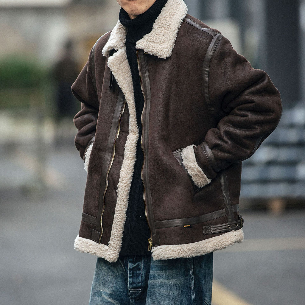 Men's Suede-Effect Biker Jacket – Fleece-Lined Padded Coat
