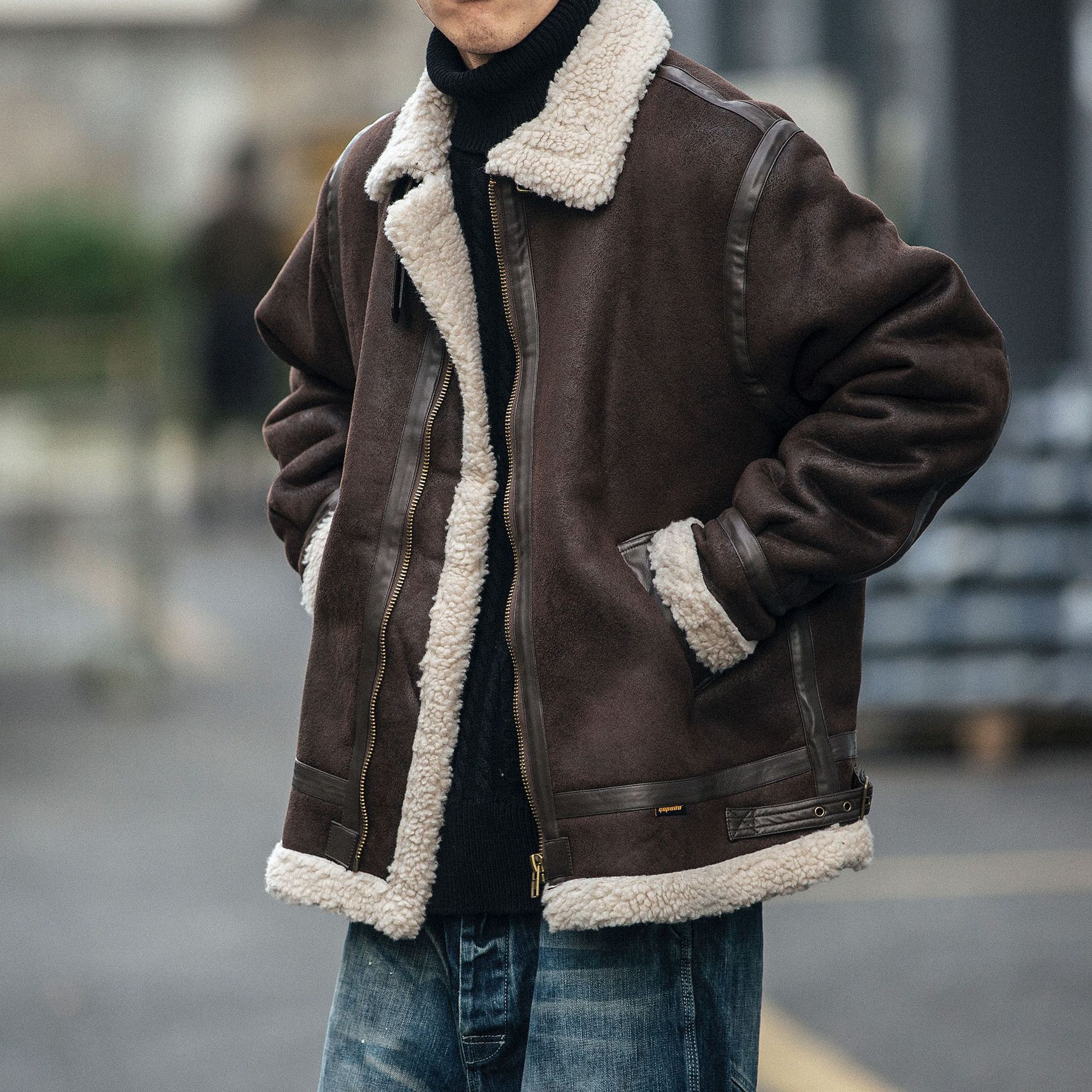 Men's Suede-Effect Biker Jacket – Fleece-Lined Padded Coat