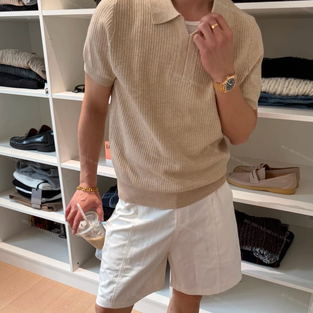 Men's Old Money Knitted Polo – Lapel Collar Slim Fit T-Shirt