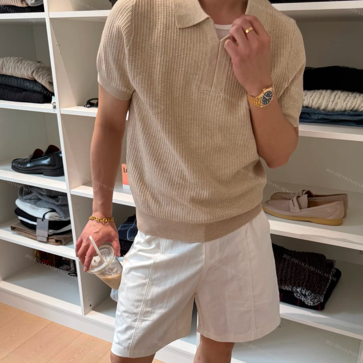 Men's Old Money Knitted Polo – Lapel Collar Slim Fit T-Shirt
