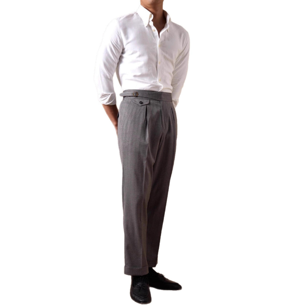 Herringbone High-Waist Single-Pleat Trousers