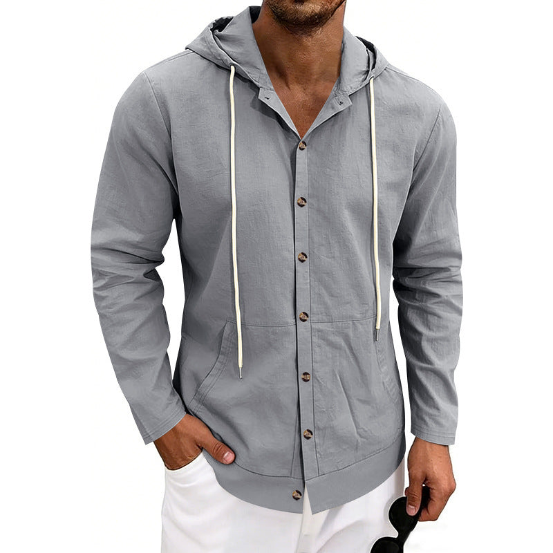 Loose-fit Linen Casual Hooded Long-Sleeve Shirt