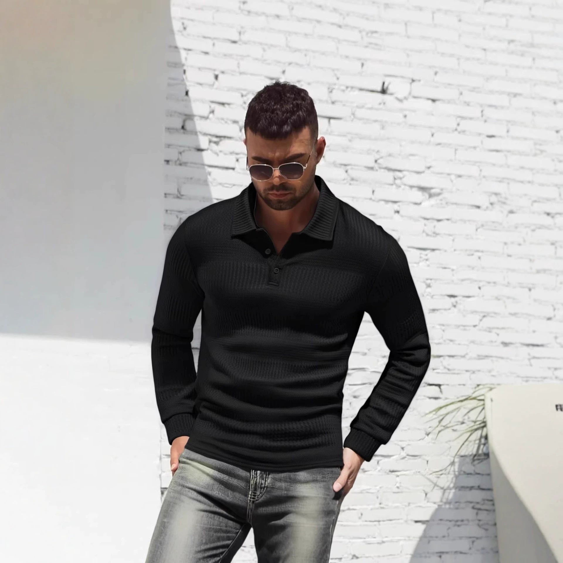 Long-sleeve Buttoned Textured Lapel Top
