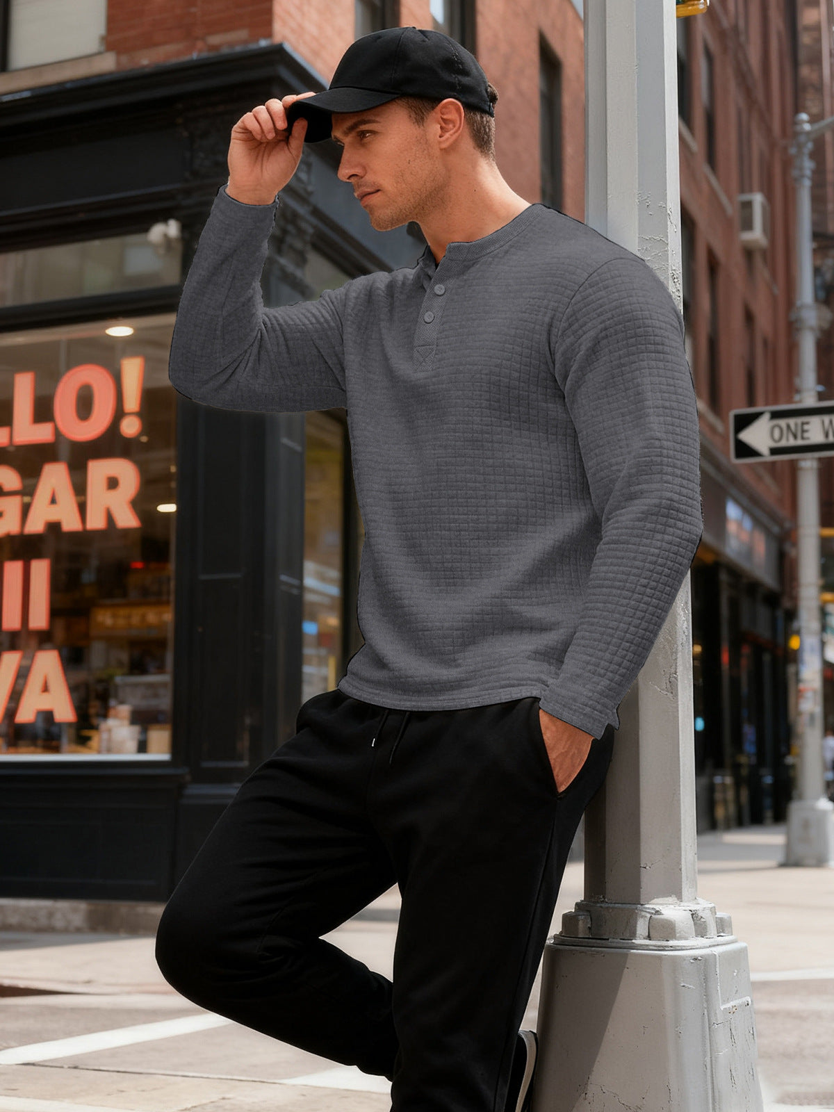 Mens Long-Sleeve Sweatshirt With Jacquard Small Plaid Pattern
