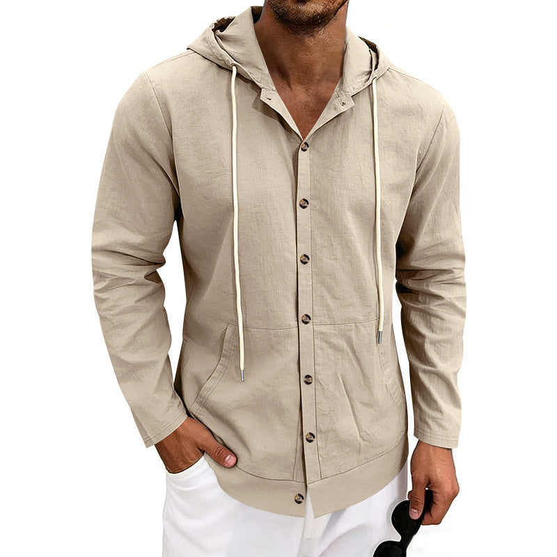 Loose-fit Linen Casual Hooded Long-Sleeve Shirt