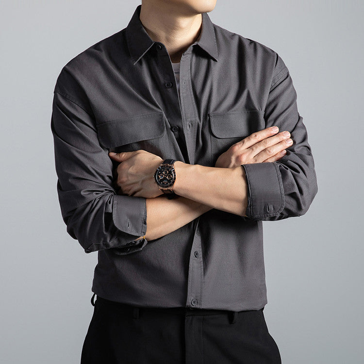 Men's Cotton Long-Sleeve Workwear Shirt – Japanese Vintage Style, Plus Size