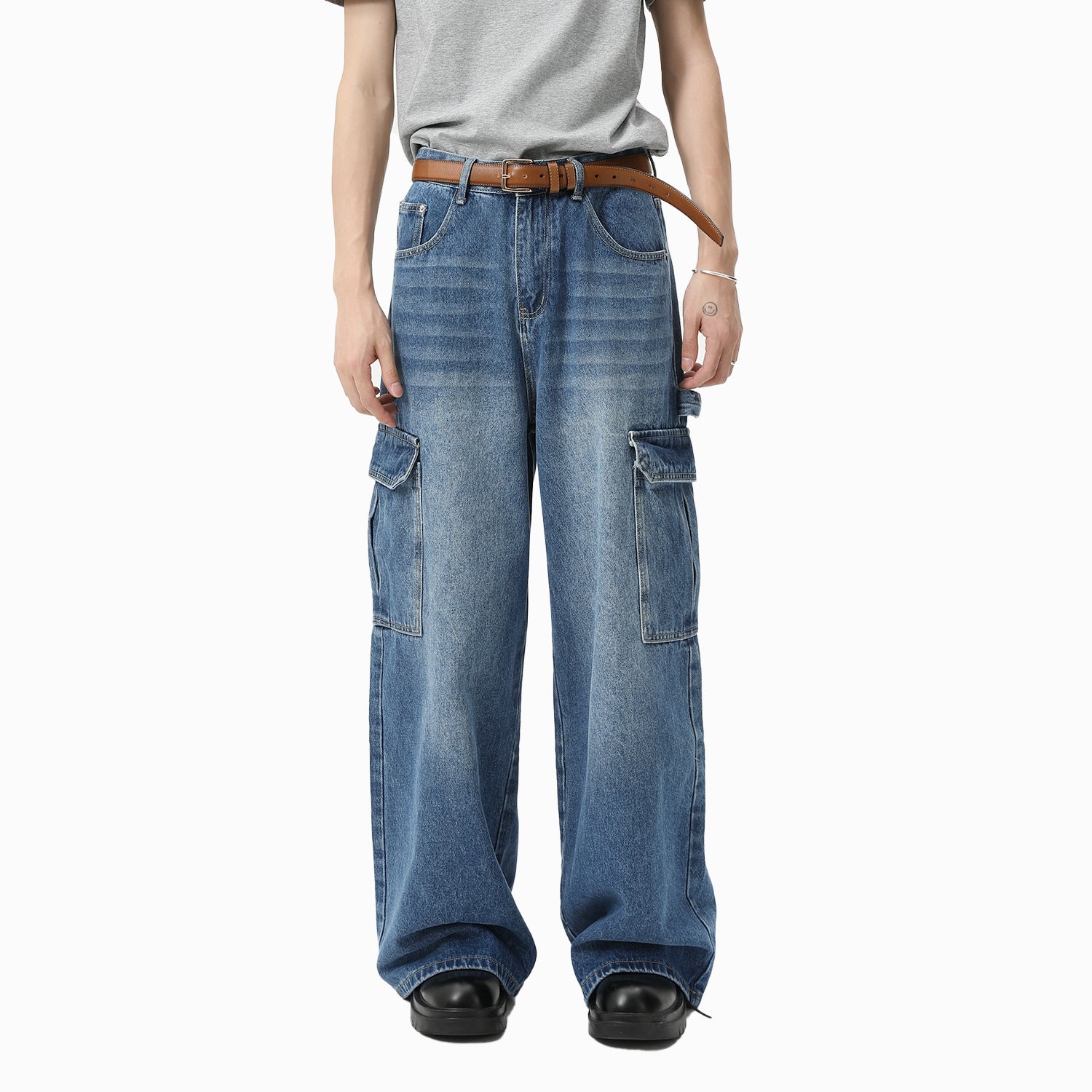 Bleached Wide-leg Multi-pocket Straight-leg Casual Pants