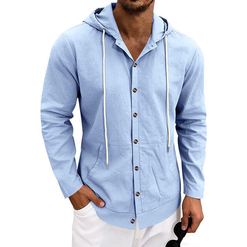 Loose-fit Linen Casual Hooded Long-Sleeve Shirt